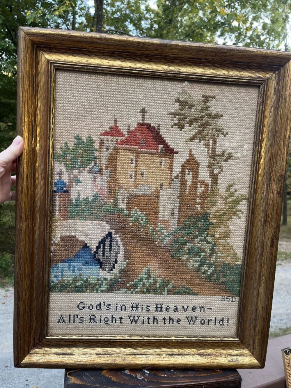 Antique Needlepoint Embroidery "God's In His Heaven All's Right With The World"